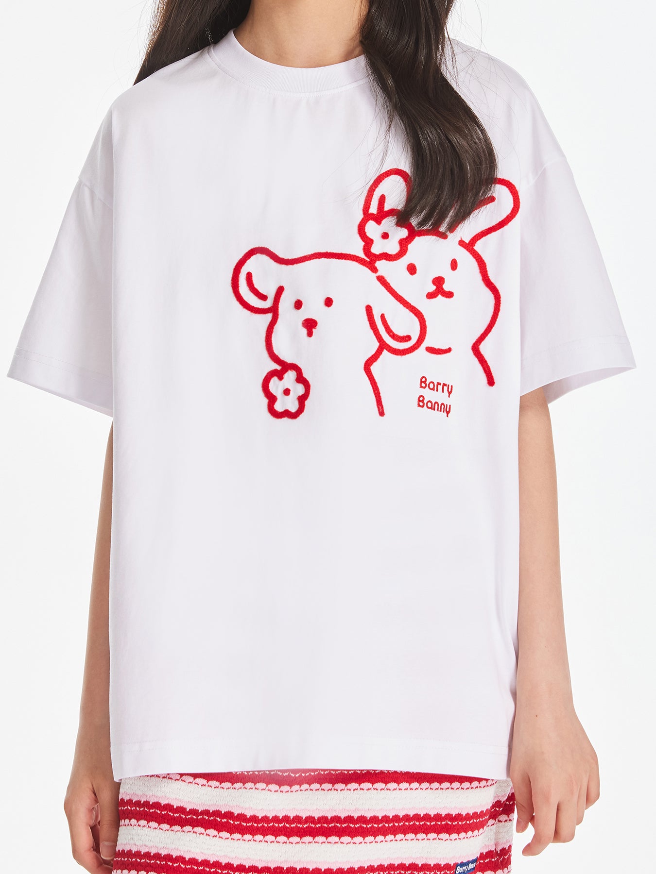 Girls White Cartoon Embroidered Short Sleeve T Shirt