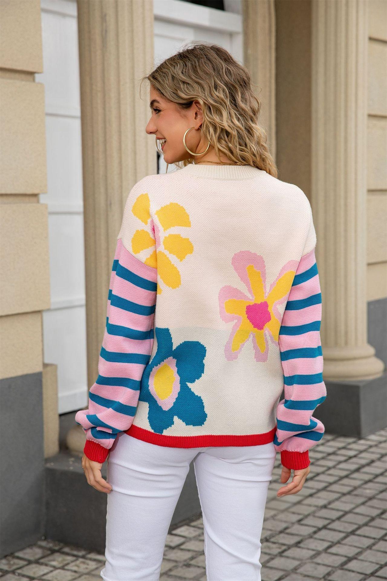 2025 Fall Winter Women’s Colorful Floral Striped Knit Sweater