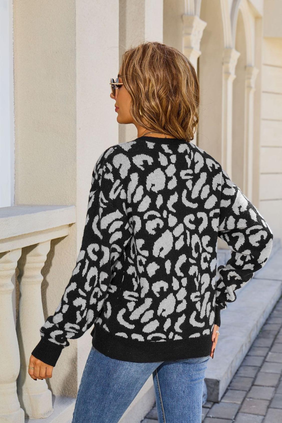 2025 Fall Leopard Print Cardigan Sweater with Tie Front for Women