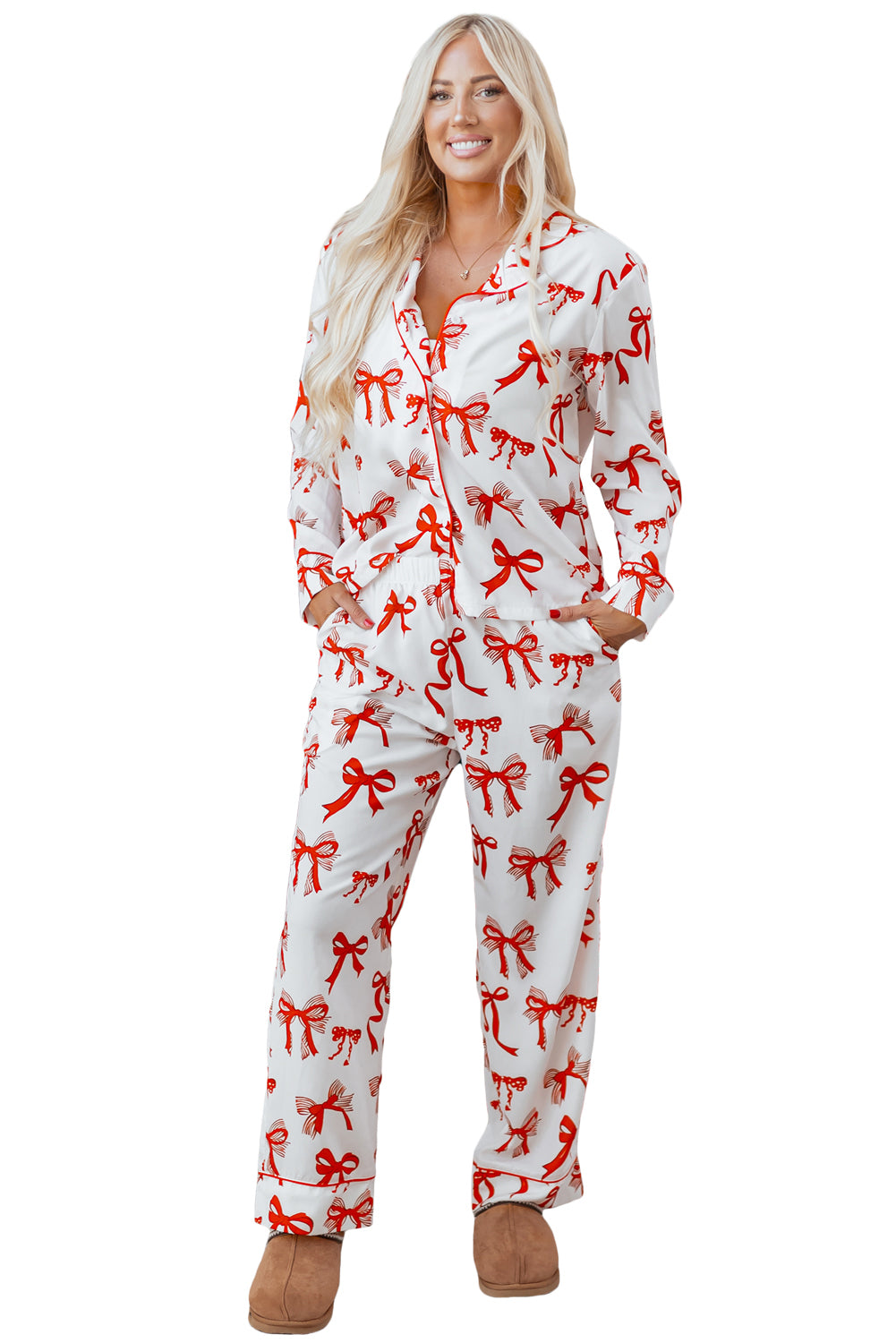 Red Christmas Bow Print Long Sleeve 2pcs Pajama Set