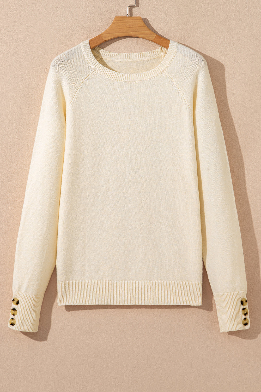 Button Cuff Bishop Sleeve Crew Neck Knit Sweater