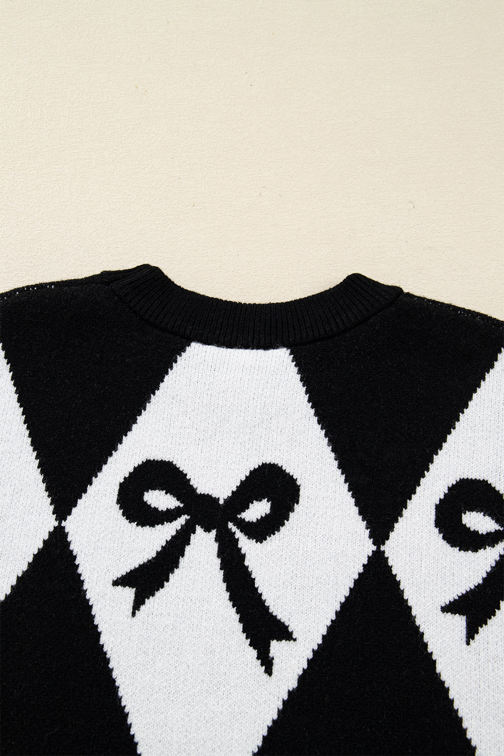 Black White Bow Argyle Knit Oversized Sweater