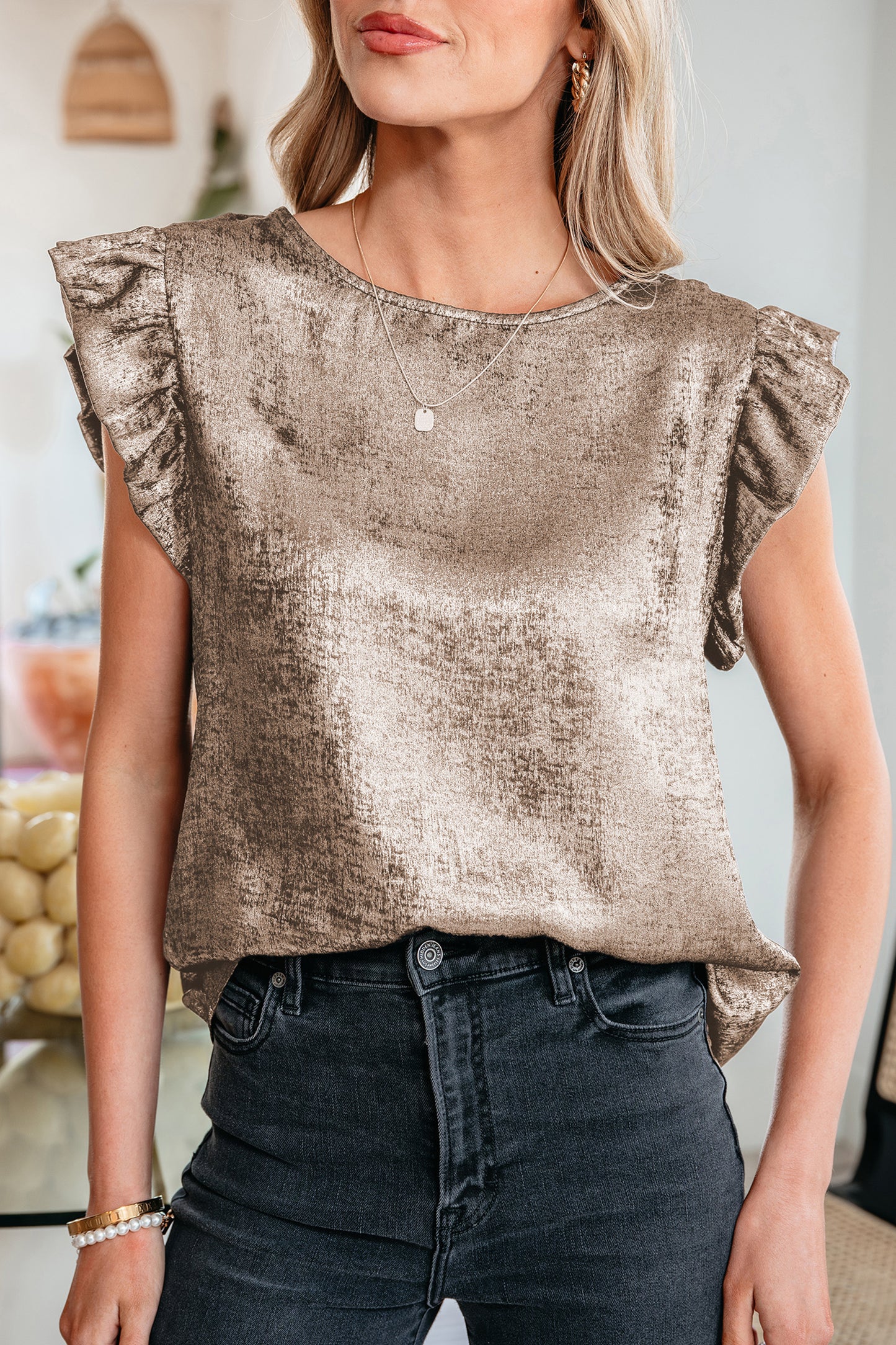 Silver Metallic Ruffle Shoulder Sleeveless Party Top
