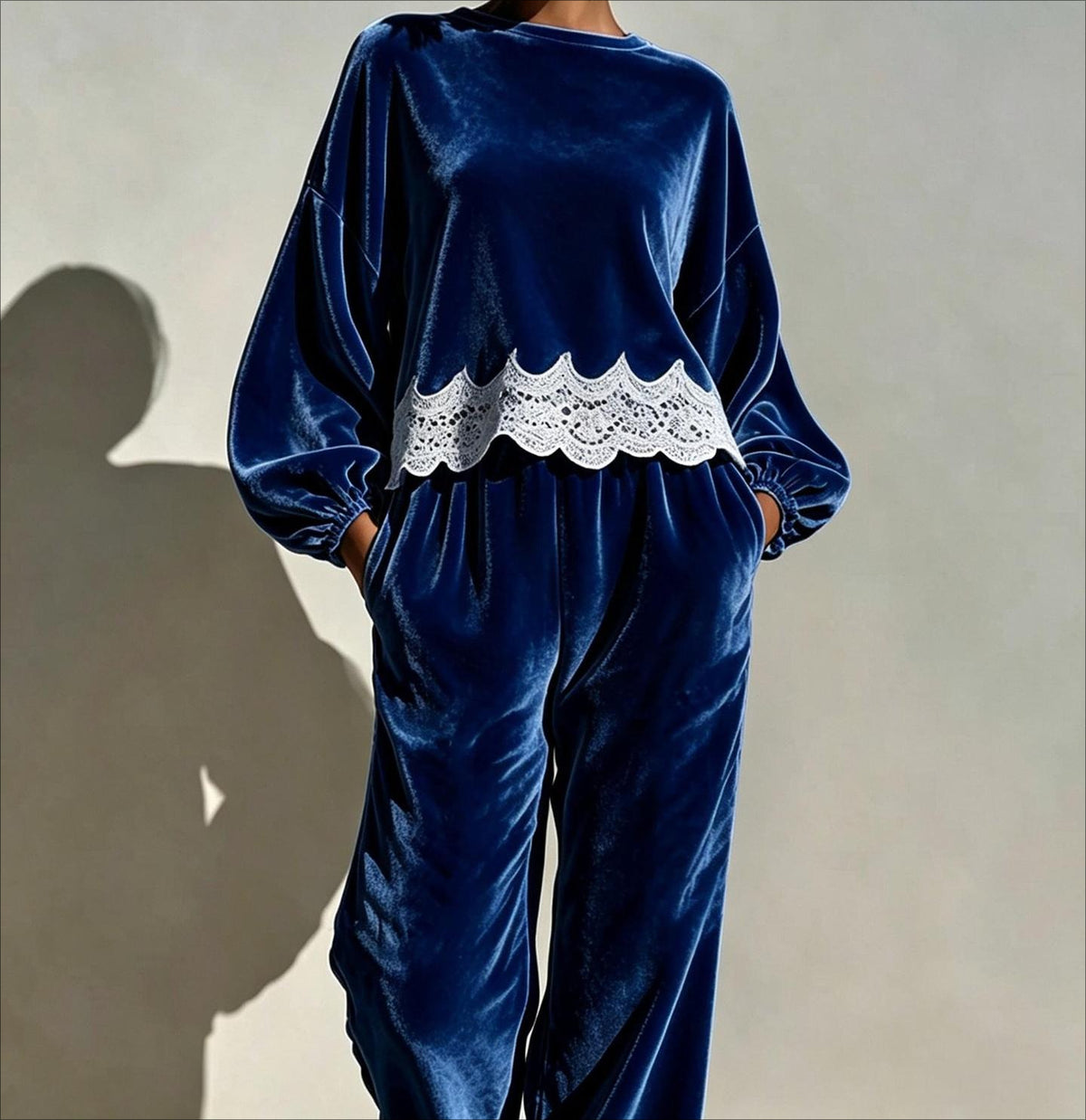 Velvet Lace Trim Balloon Sleeve Two Piece Lounge Set
