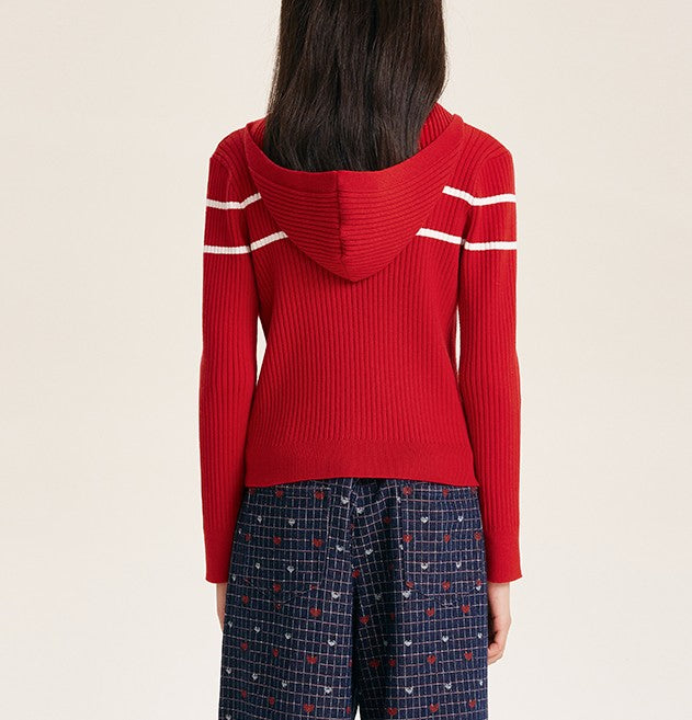 Girls' Striped Knit Hoodie Sweater with Long Sleeves