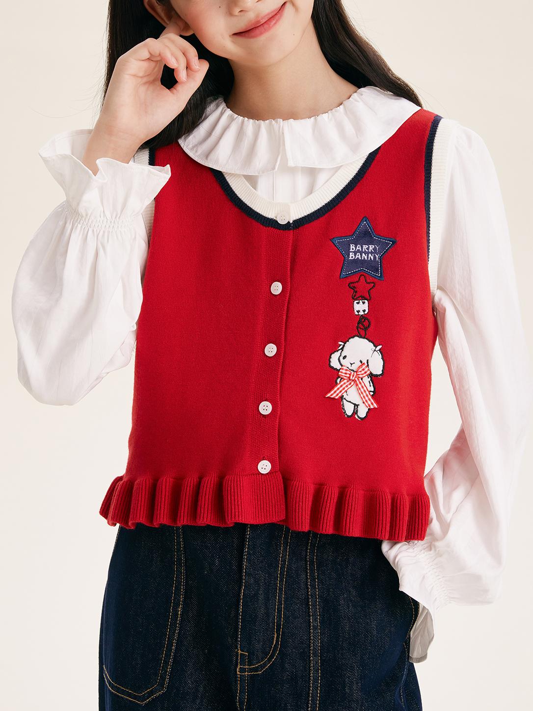 Cute Embroidered Red Knit Vest Cardigan for Kids – Adorable Ruffle Hem