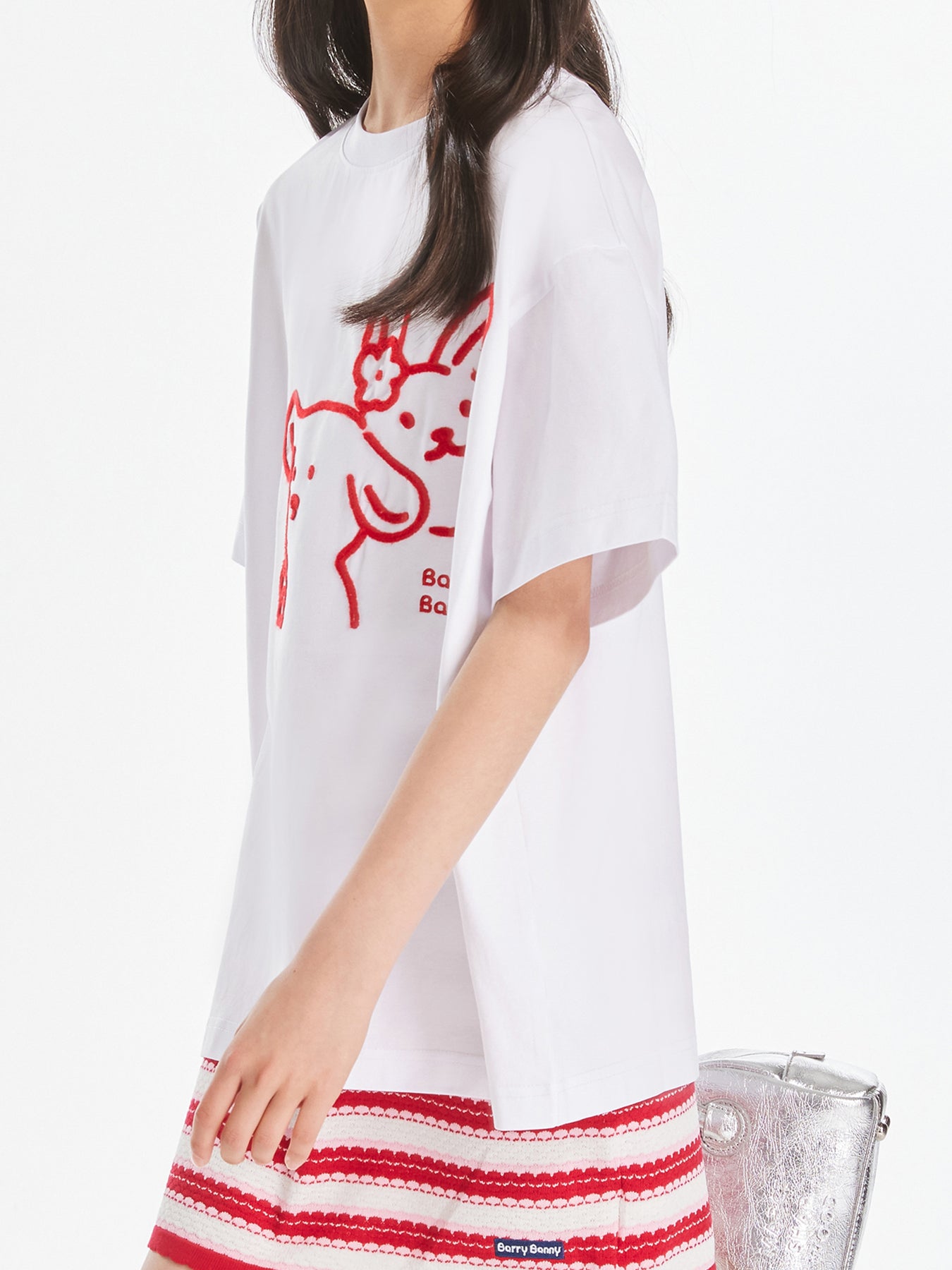 Girls White Cartoon Embroidered Short Sleeve T Shirt