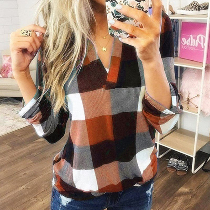 Women's Buffalo Plaid V-Neck Long Sleeve Top