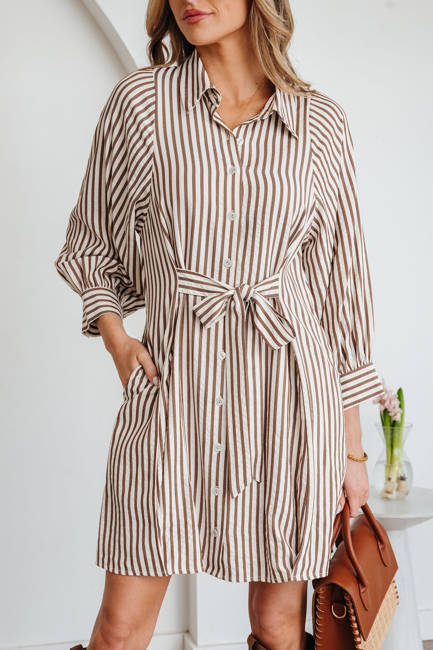Brown Stripe Knot Waist Puff Sleeve Button Down Shirt Dress