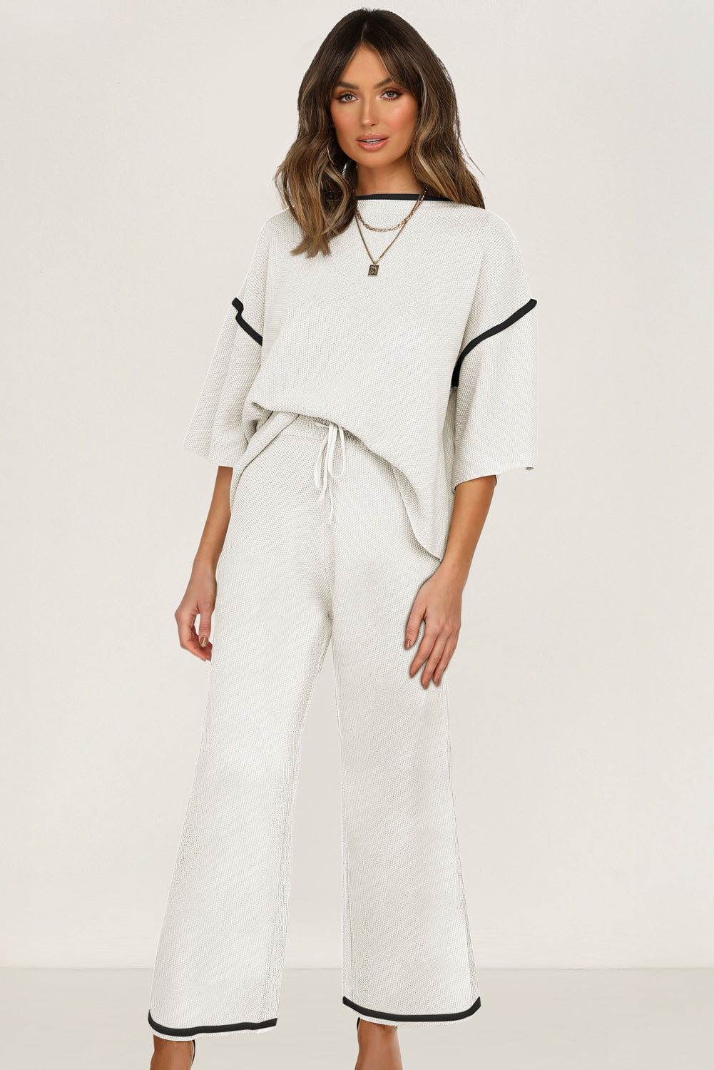 Women’s Knit Lounge Set Contrast Trim Top and Pants