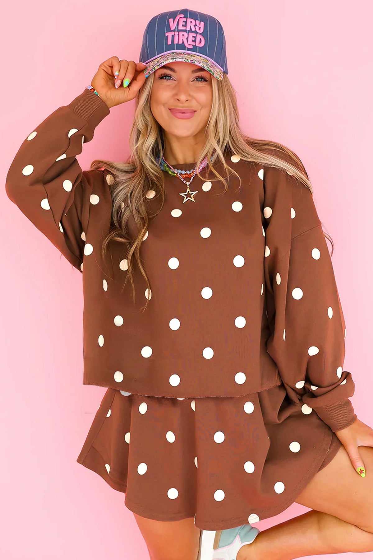 Brown Polka Dot Sweatshirt Skort Two Piece Set