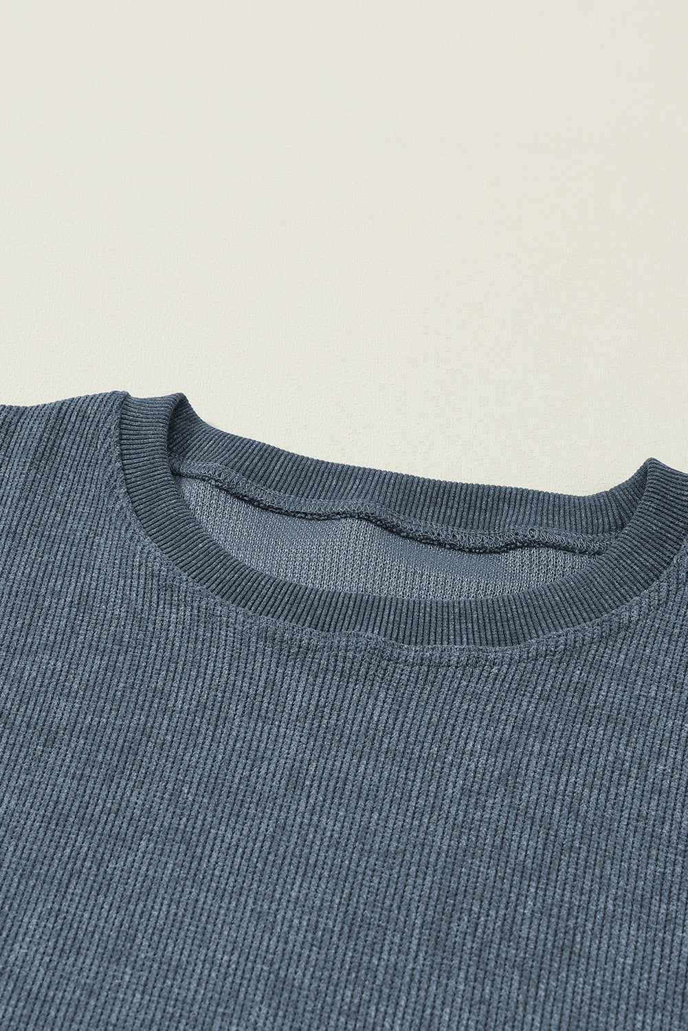 Customizable Solid Ribbed Knit Round Neck Casual PulloverSweatshirt