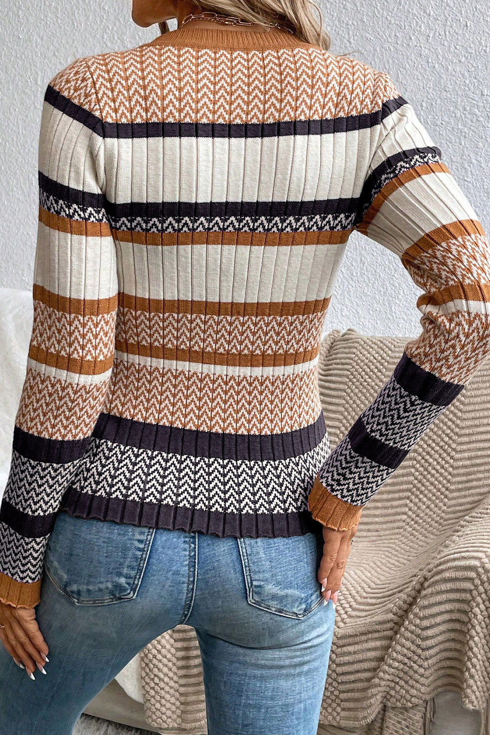 Women's Slim Fit Knit Sweater with Stripes and Ribbed Trim