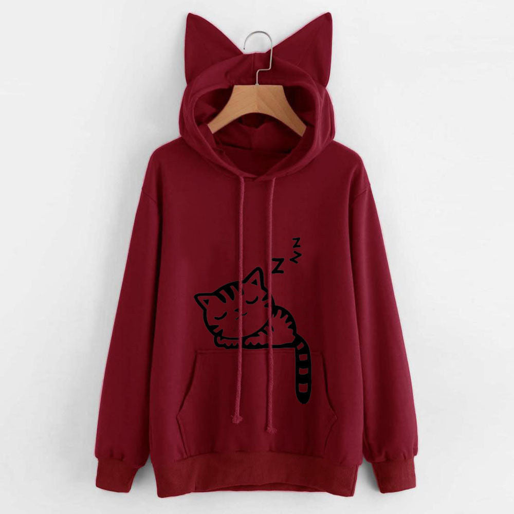 Womens Cat Ear Hoodie Oversized Graphic Pullover Sweatshirt