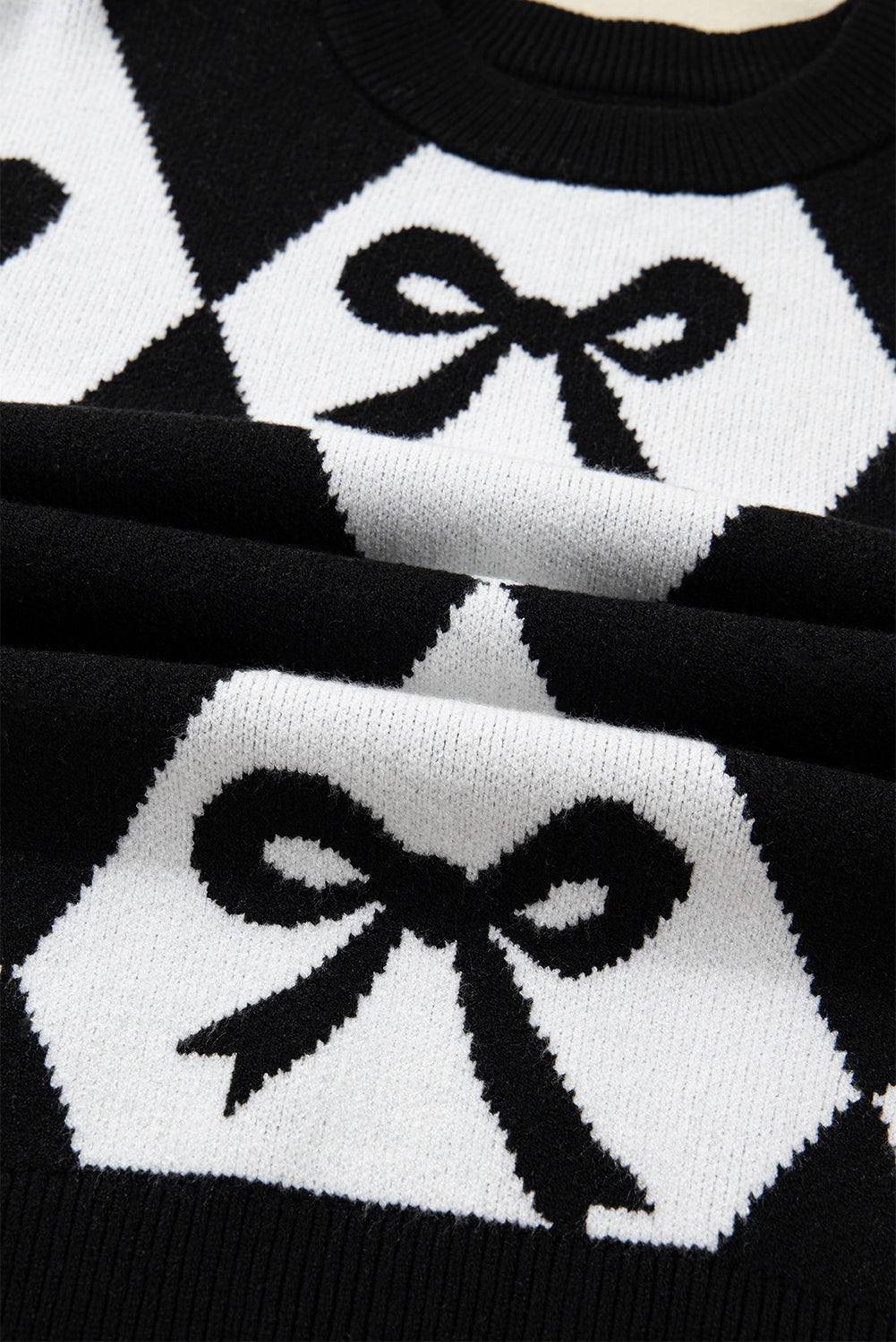 Black White Bow Argyle Knit Oversized Sweater