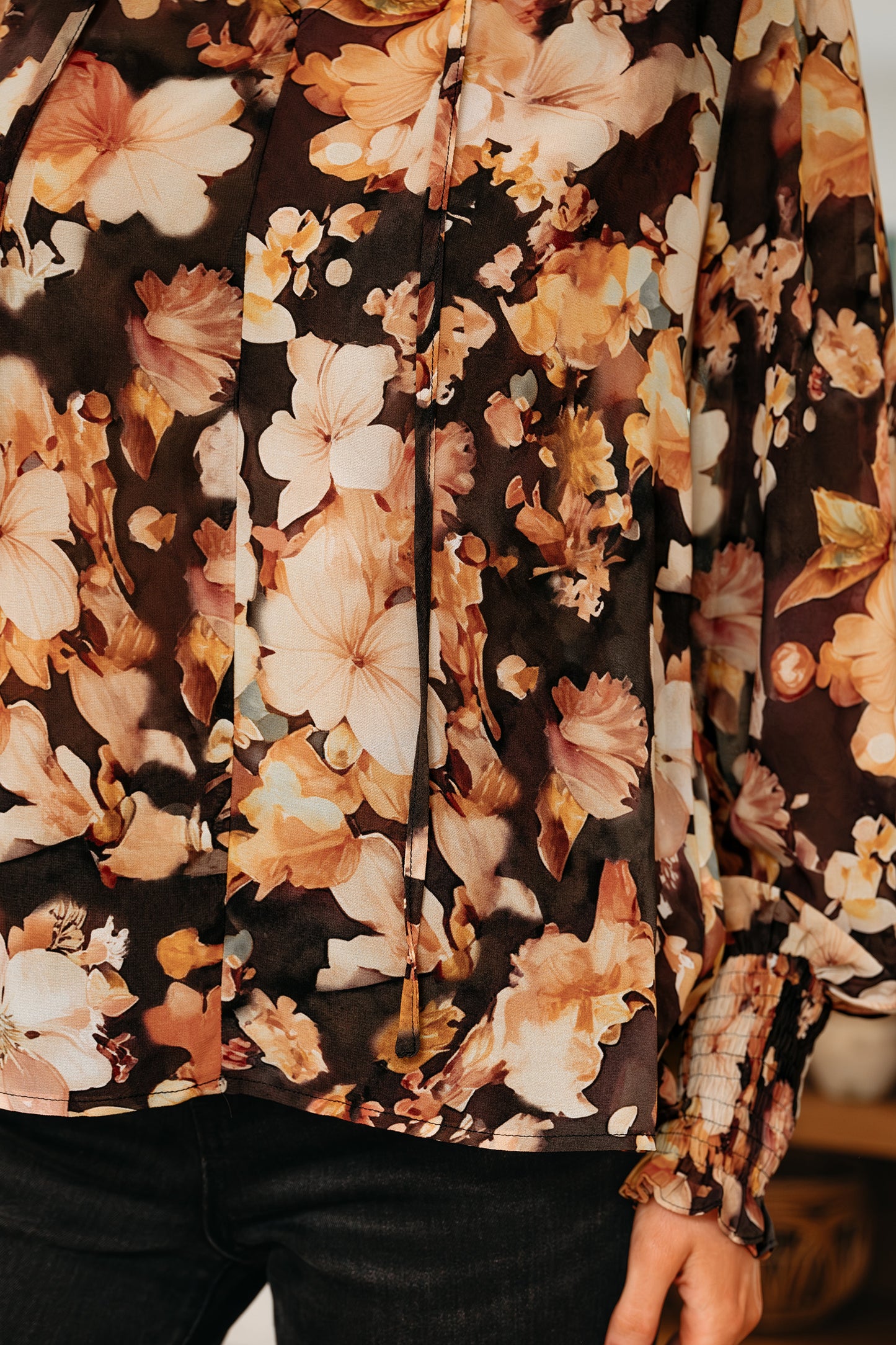 Black Floral Print V Neck Long Sleeve Smocked Cuff Blouse