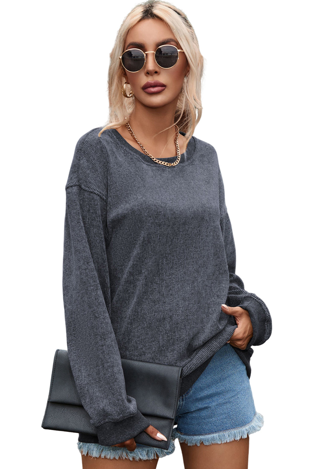 Customizable Solid Ribbed Knit Round Neck Casual PulloverSweatshirt
