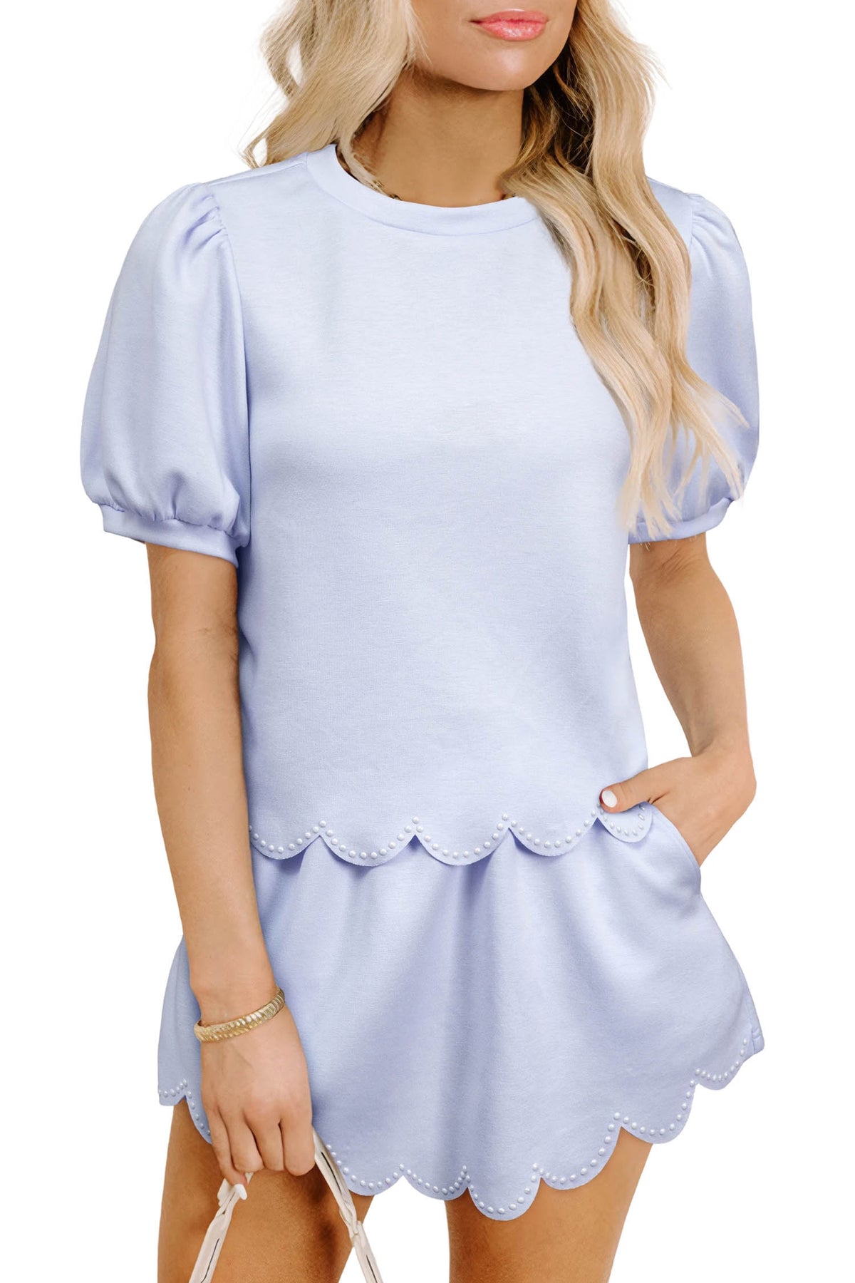 Scalloped Hem Puff Sleeve Lounge Set Casual Two Piece
