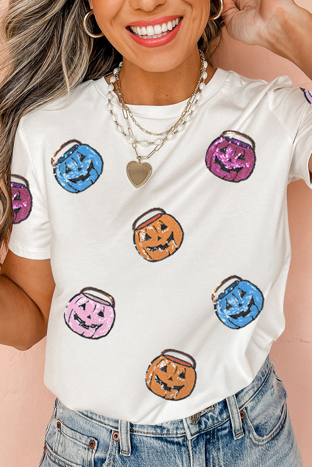 White Sequin Pumpkin Face Patched Crew Neck Halloween T-Shirt