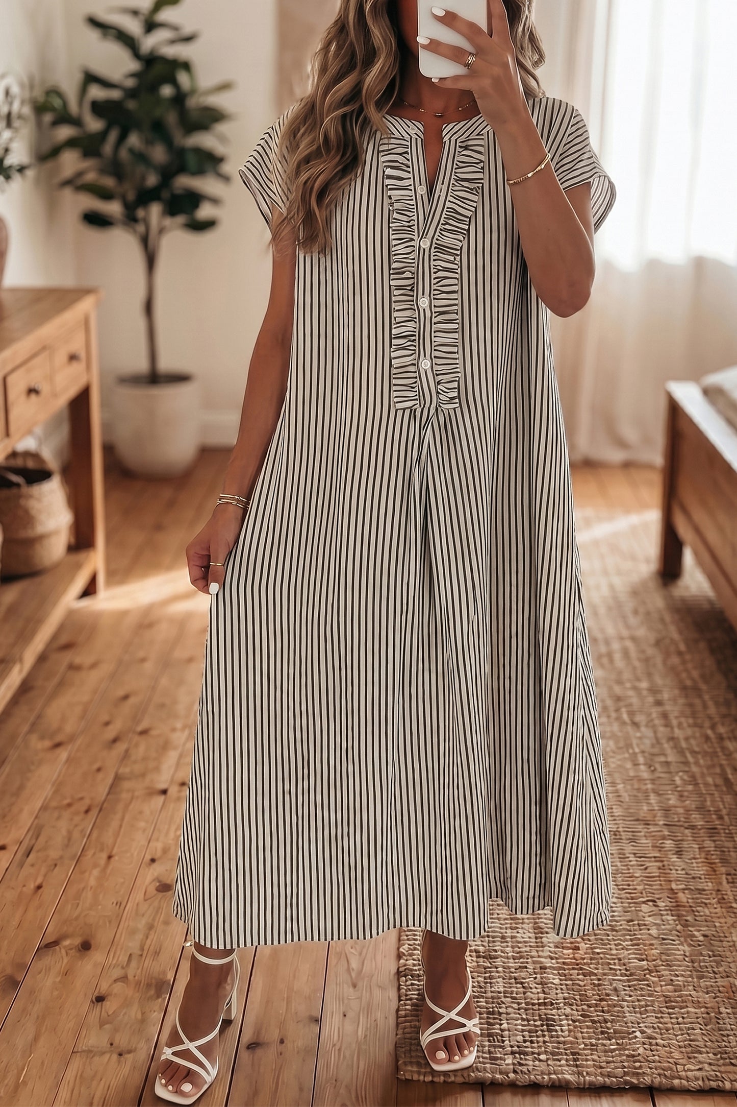 Black Stripe Ruffle Half-Button Short Sleeve Maxi Dress
