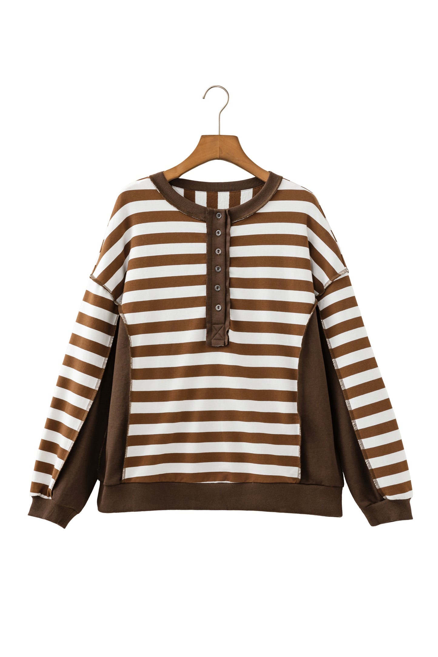 Brown Stripe Henley Button Placket Colorblock Sweatshirt Top