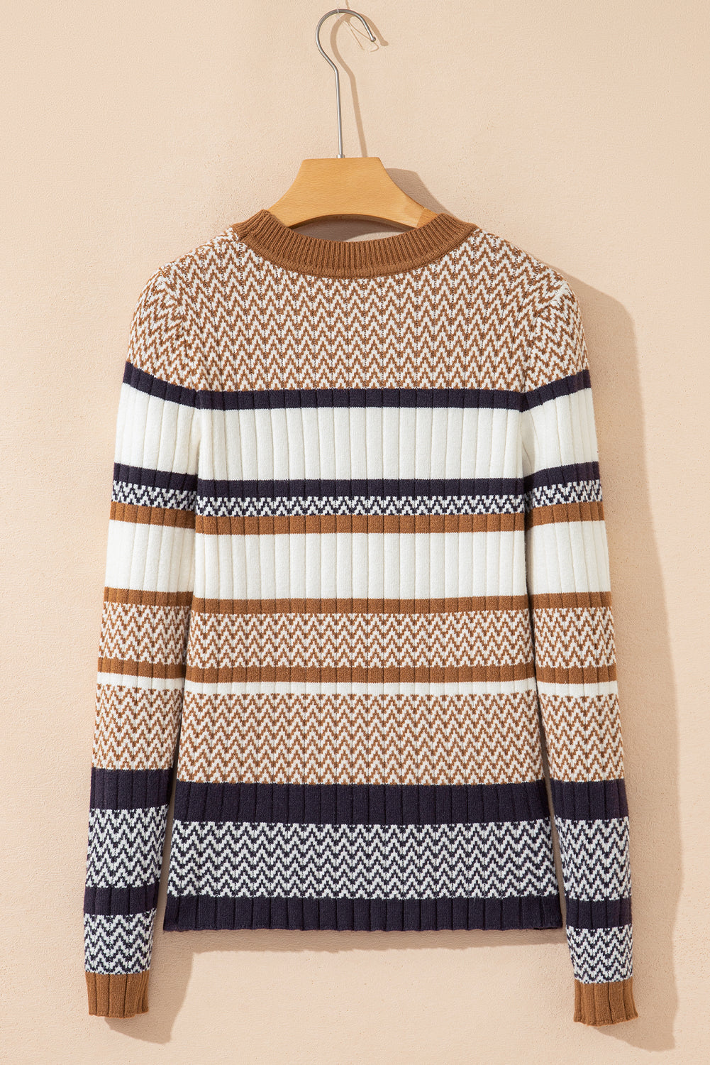 Women's Slim Fit Knit Sweater with Stripes and Ribbed Trim
