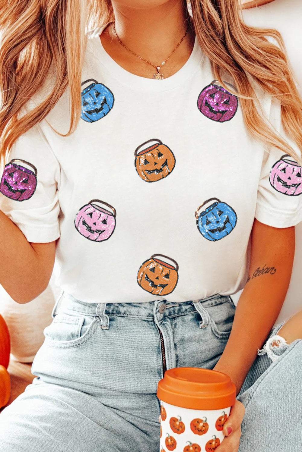 White Sequin Pumpkin Face Patched Crew Neck Halloween T-Shirt