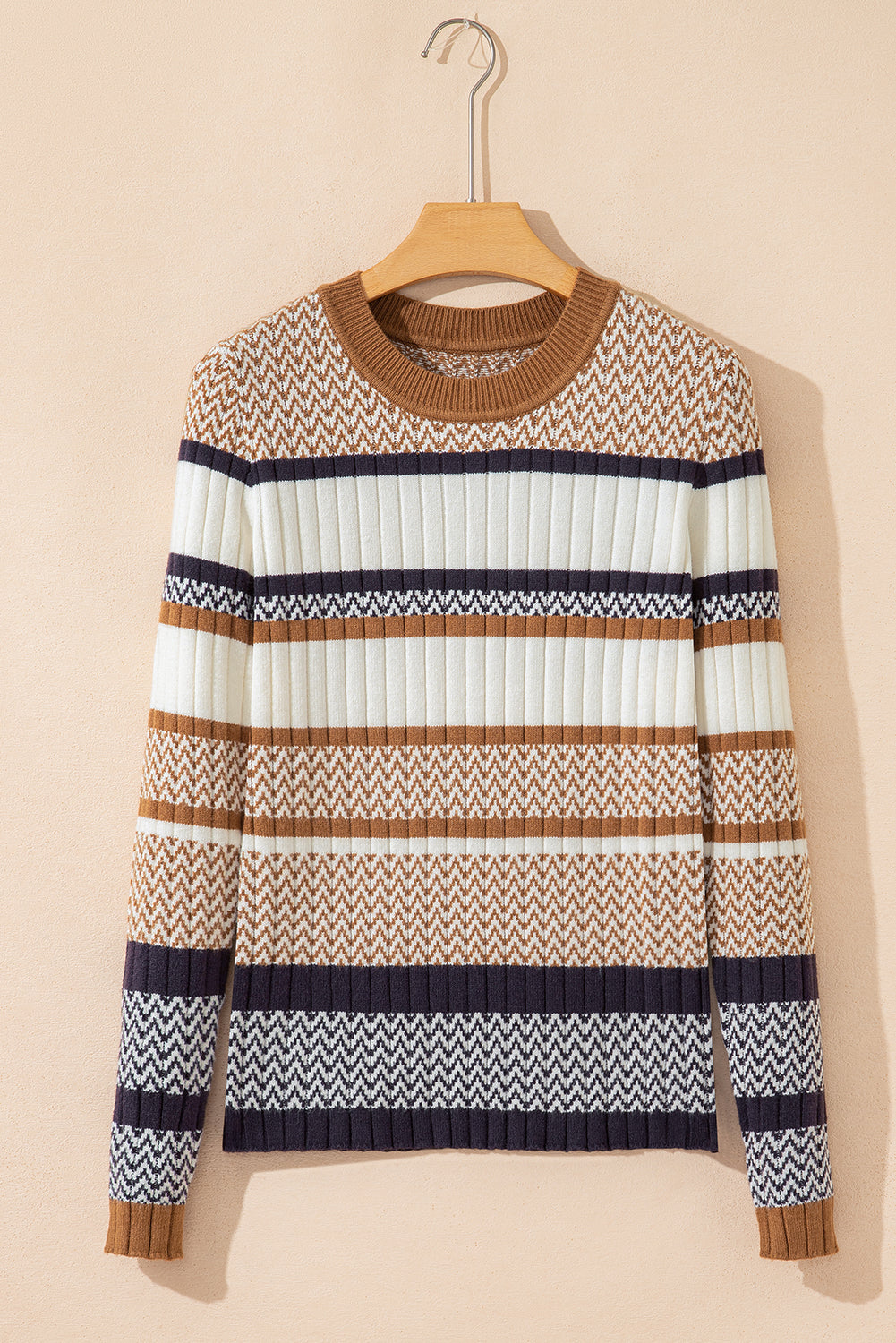 Women's Slim Fit Knit Sweater with Stripes and Ribbed Trim