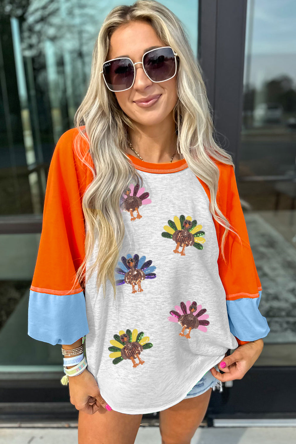 Thanksgiving Turkey Sequin Color Block Raglan Top