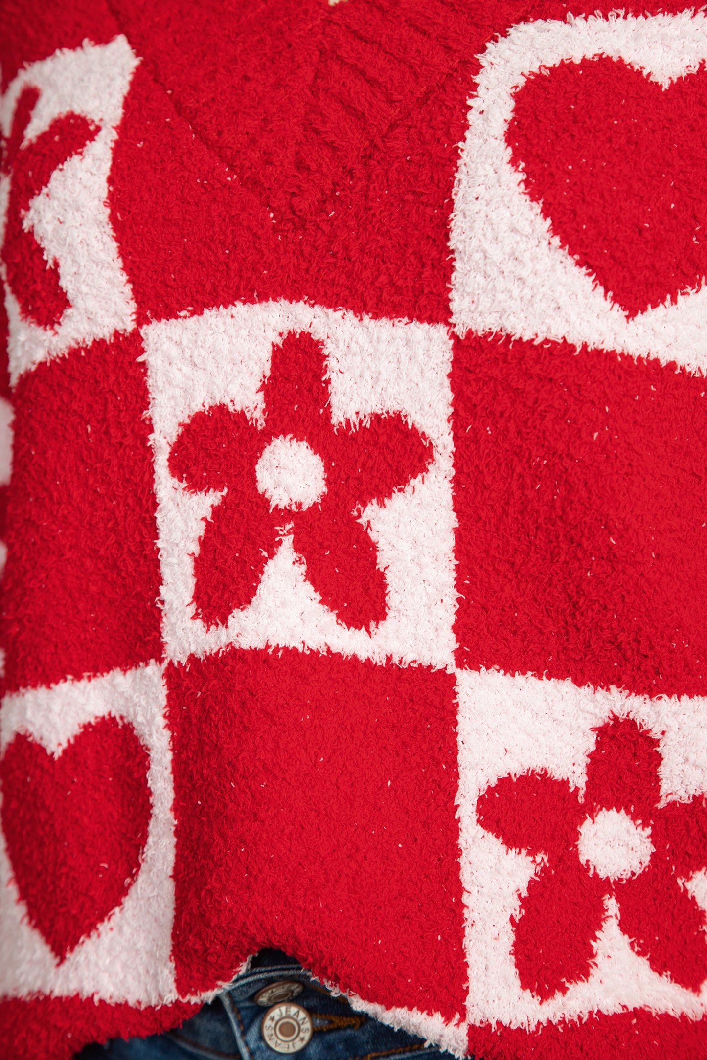 Red Checkered Heart Flower V Neck Knit Sweater for Women