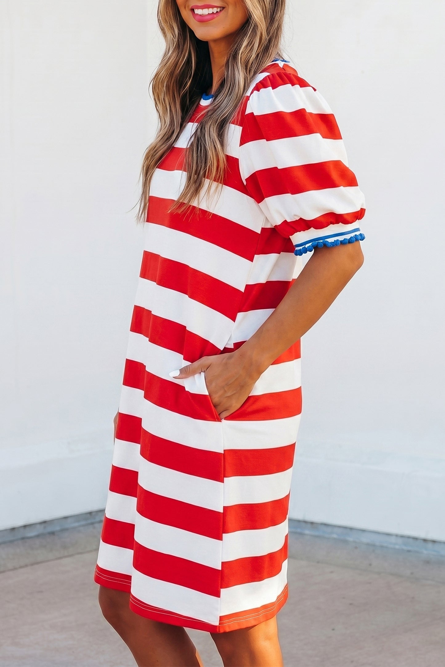 Red Stripe Puff Sleeve Dress Flag Day Independence