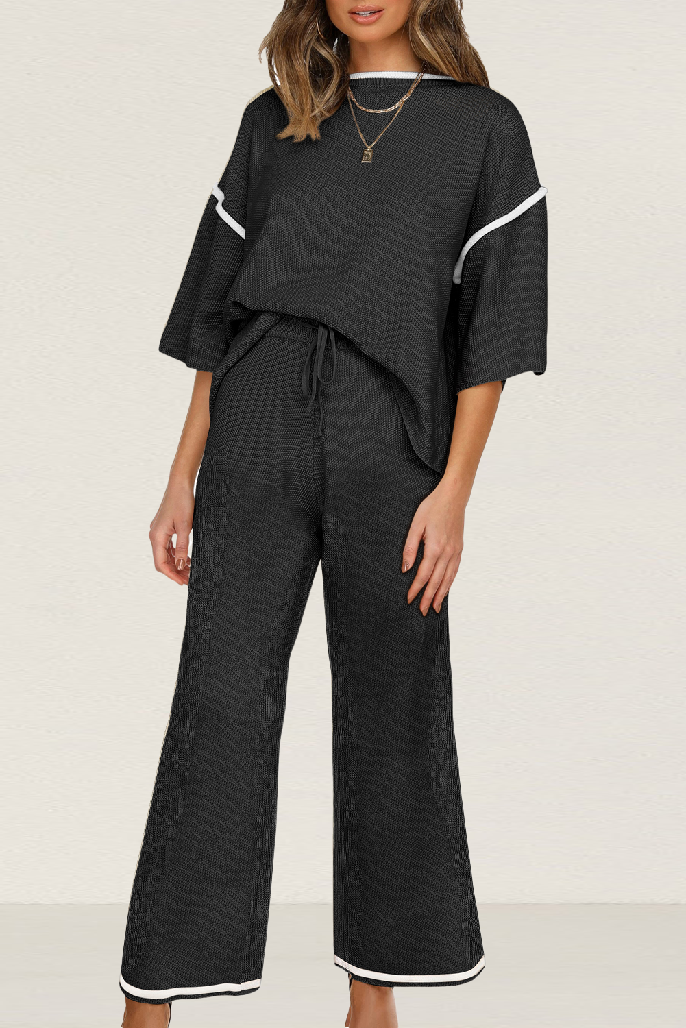 Women’s Knit Lounge Set Contrast Trim Top and Pants