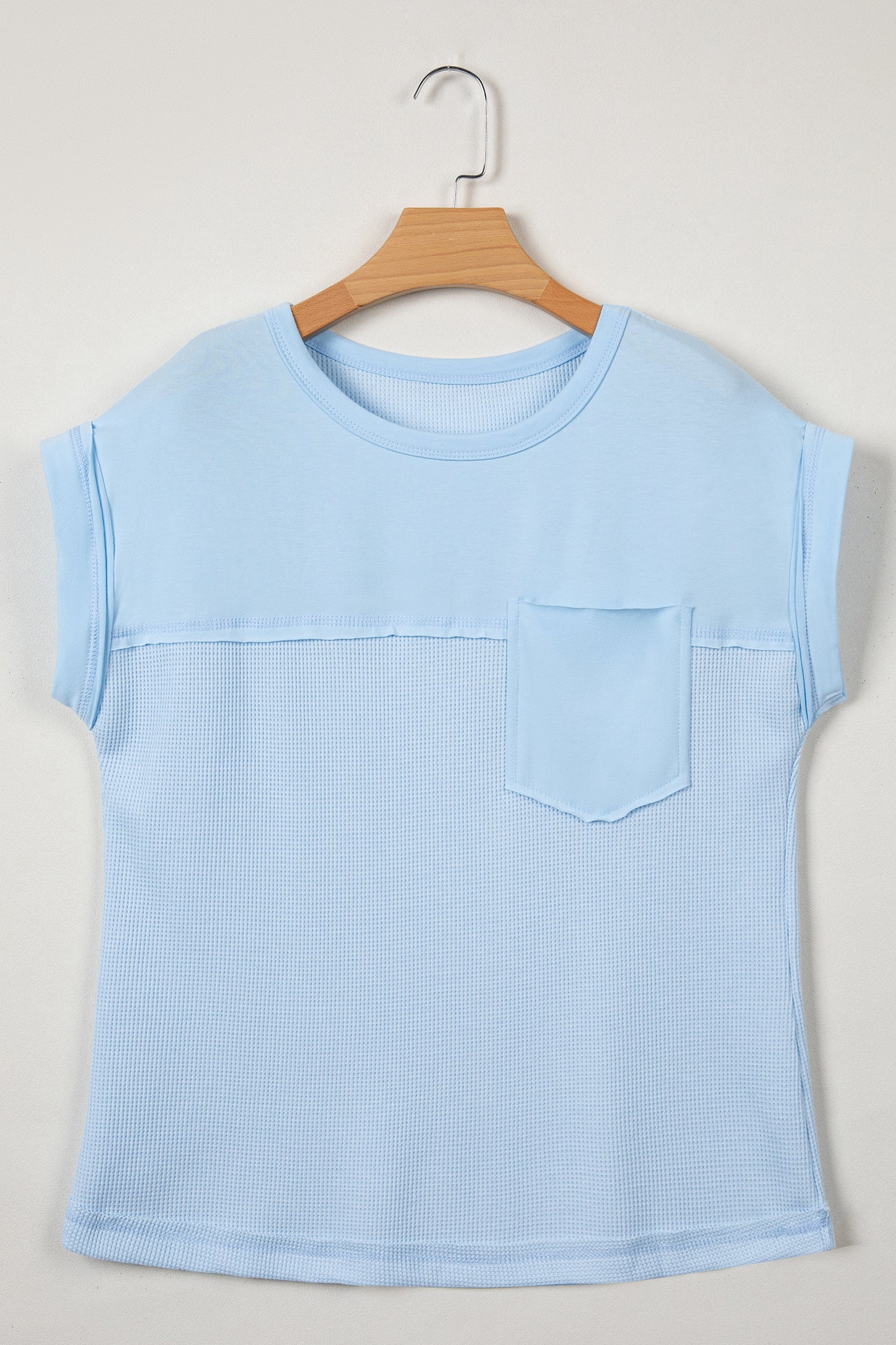 Waffle Knit Patchwork Pocket Loose Fit Casual T Shirt