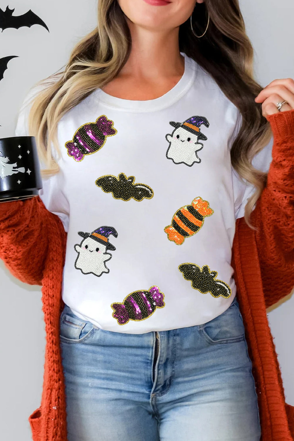 Halloween Sequin Ghost Candy Bat Graphic Casual T Shirt