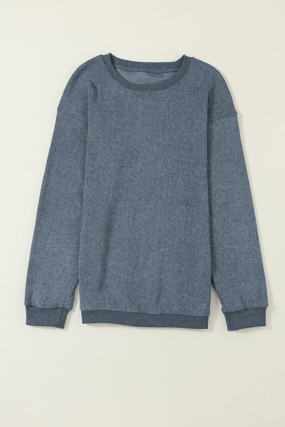 Customizable Solid Ribbed Knit Round Neck Casual PulloverSweatshirt
