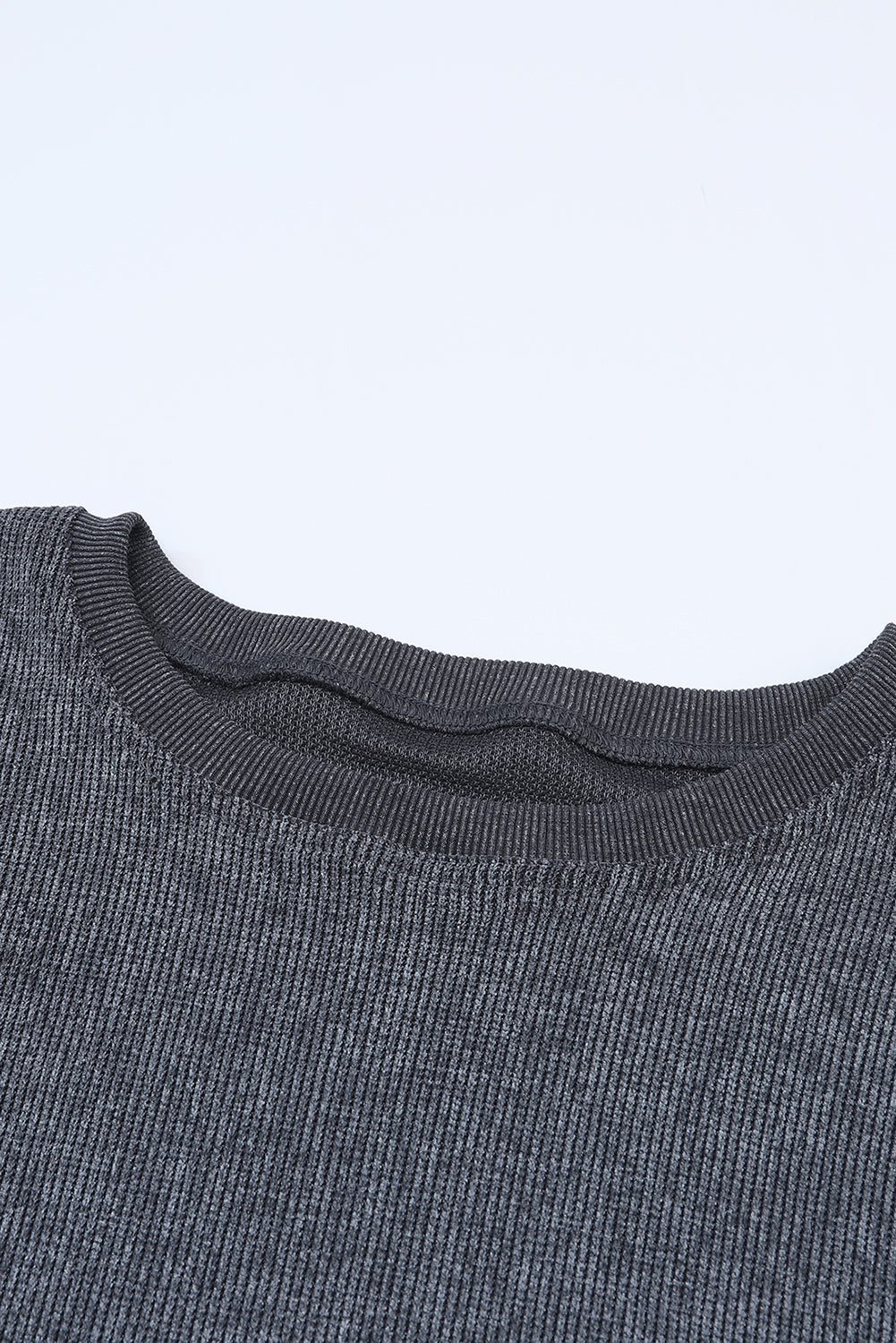 Customizable Solid Ribbed Knit Round Neck Casual PulloverSweatshirt