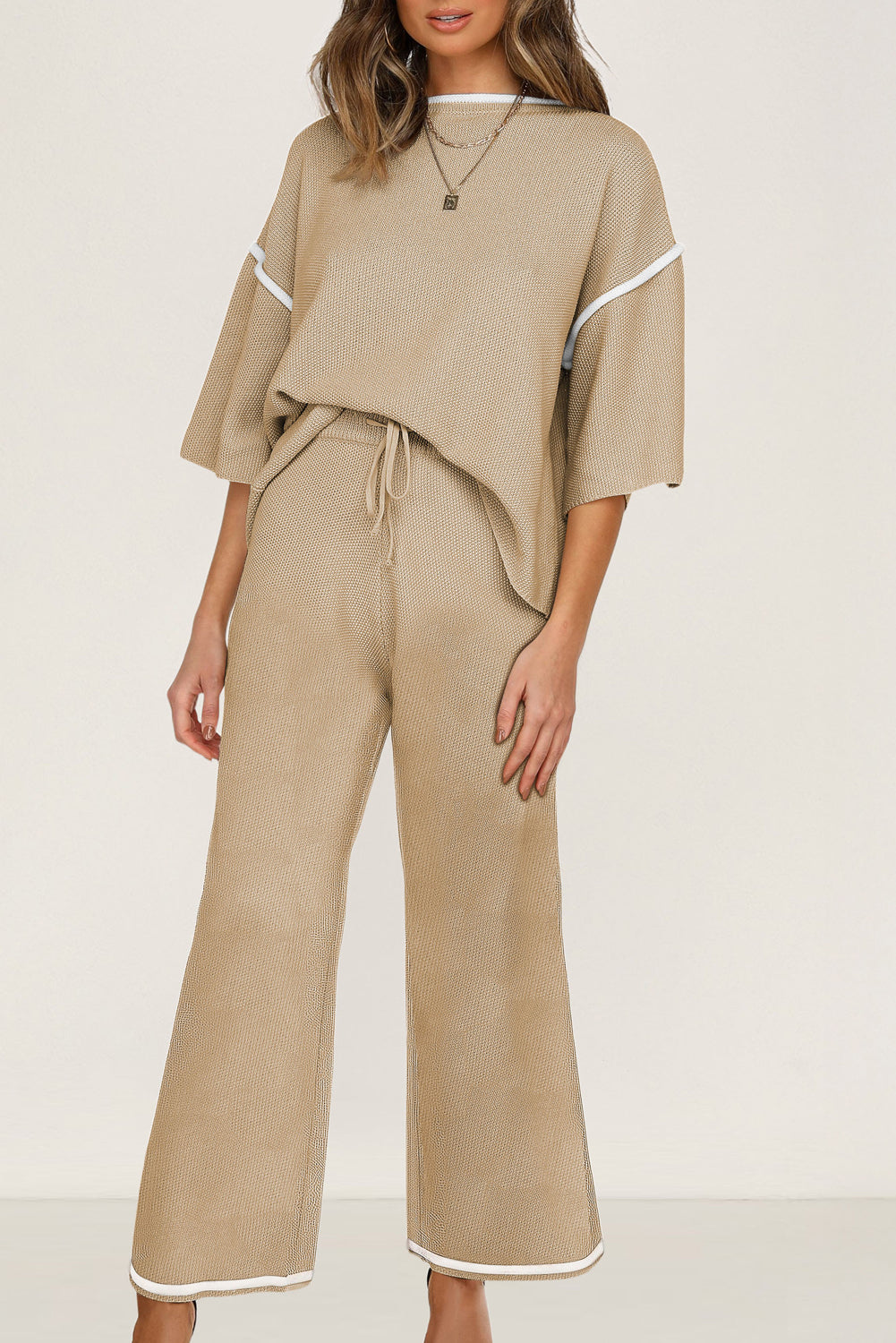 Women’s Knit Lounge Set Contrast Trim Top and Pants