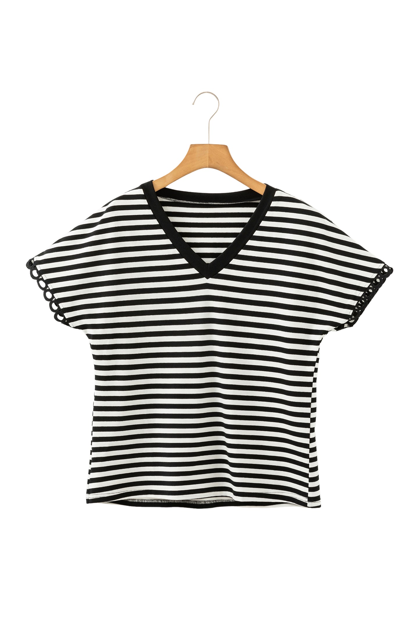 Black Stripe V Neck Lace Trim Casual Tee Top