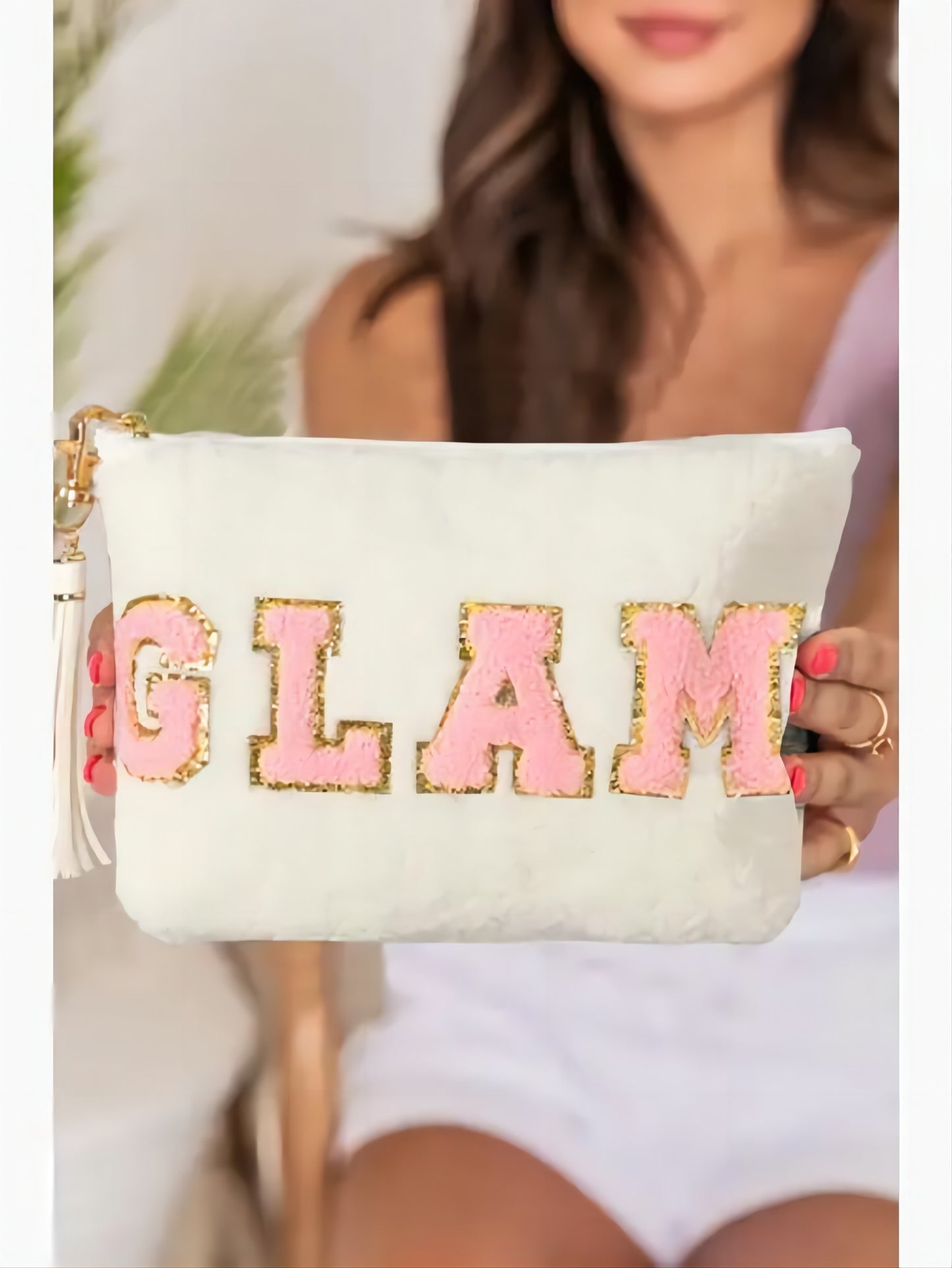 White Sparkle Letter Pattern Tassel Zipper Makeup Bag