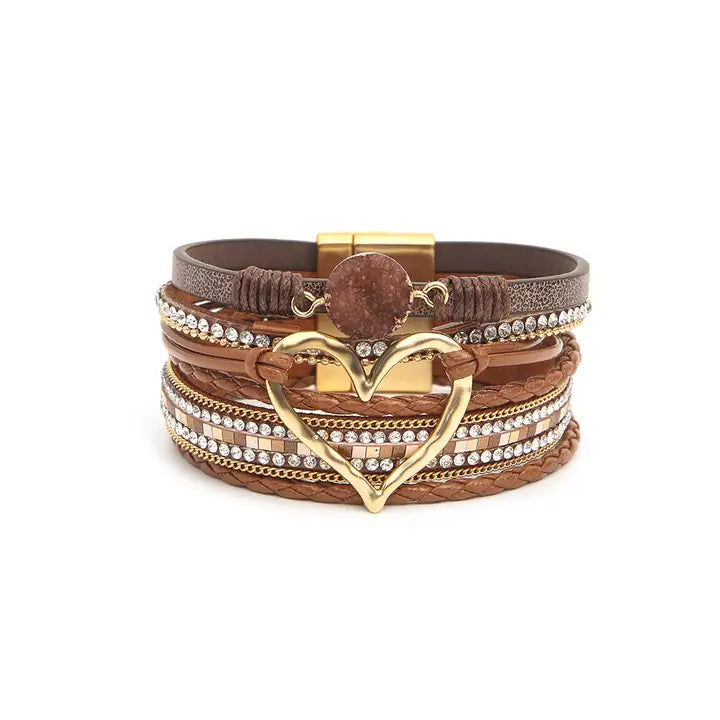 Beige Boho Rhinestone Heart Charm Layered Wrap Bracelet