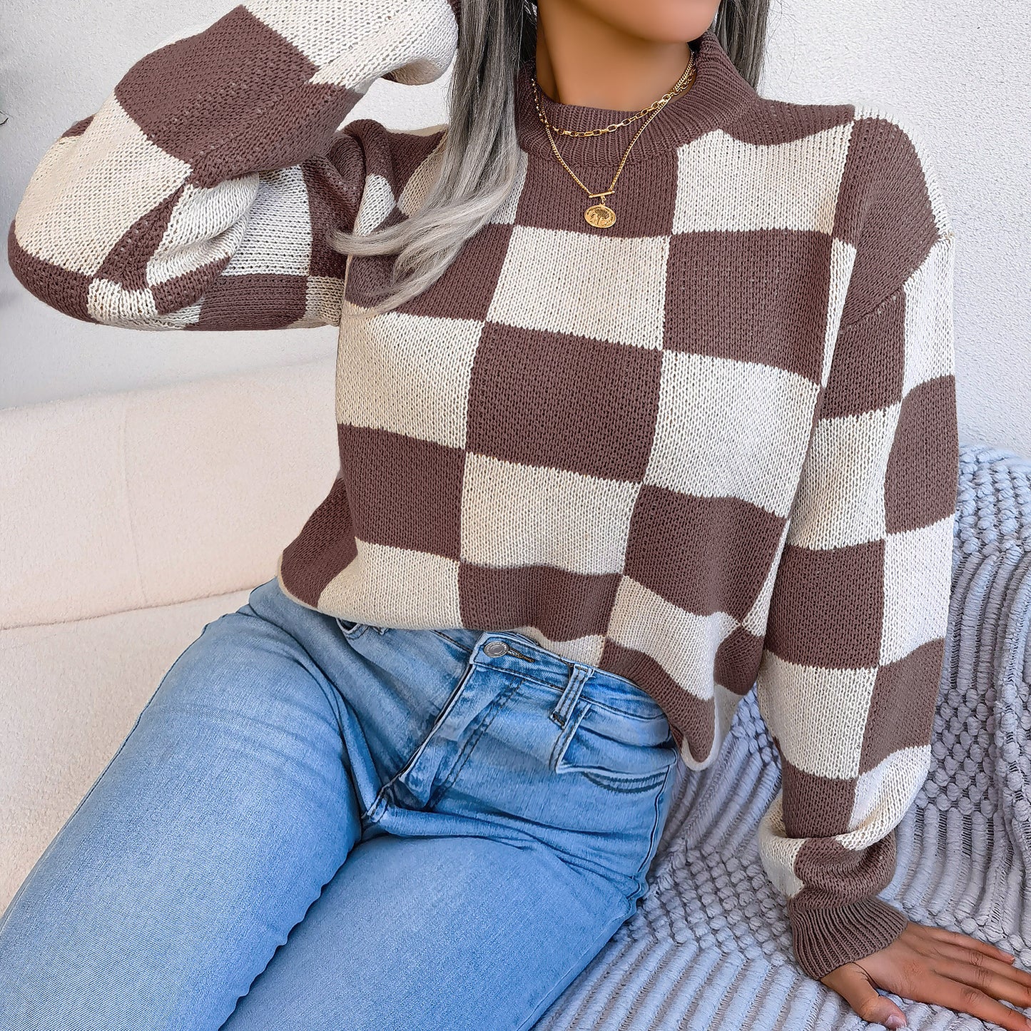 2025 Fall/Winter Colorblock Checkered Knit Sweater - Street Style