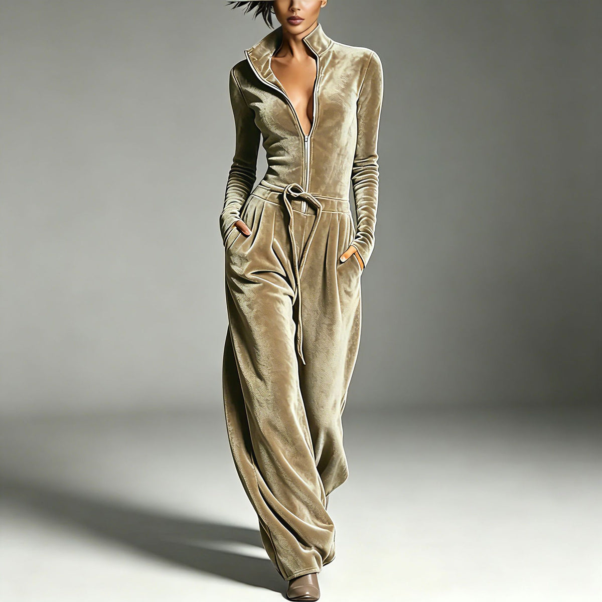 Women's Velvet Zip Front Drawstring Straight Leg Jumpsuit