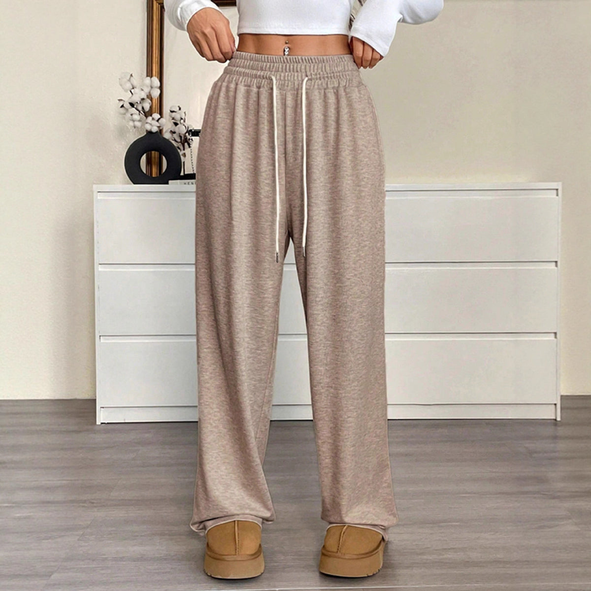 High Waisted Wide Leg Drawstring Pants Pockets