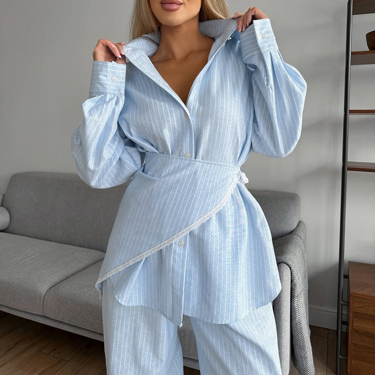 Women's Striped Shirt & Lace Trim Wide Leg Pants Set