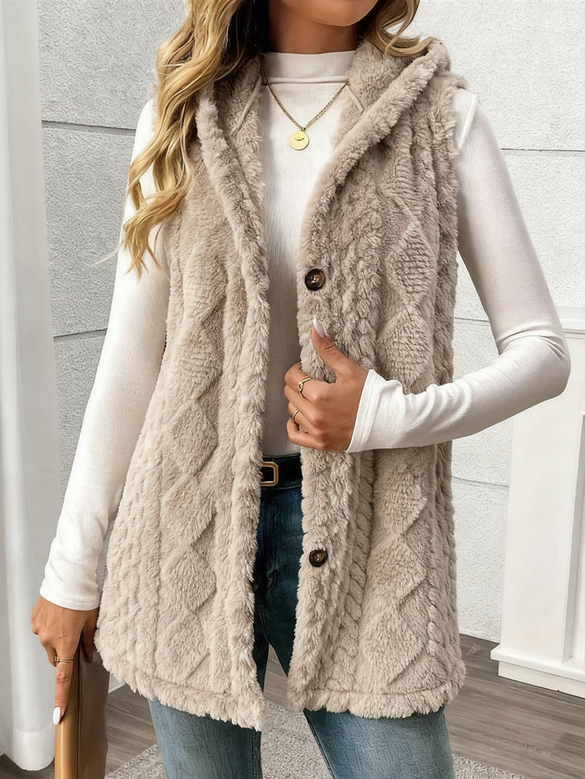 Women's Hooded Fleece Button Front Vest Cardigan