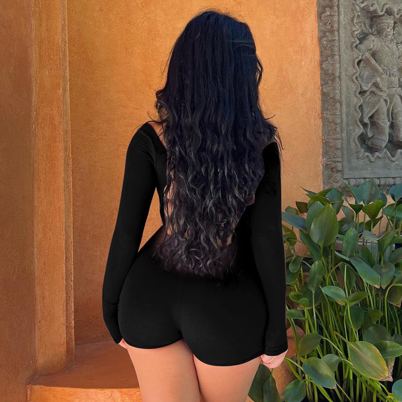 Square Neck Long Sleeve Tie Back Yoga Romper