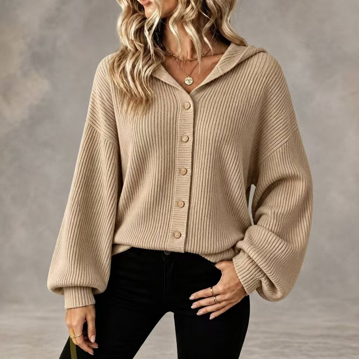 Womens Hooded Ribbed Cardigan Button Front Knit Sweater