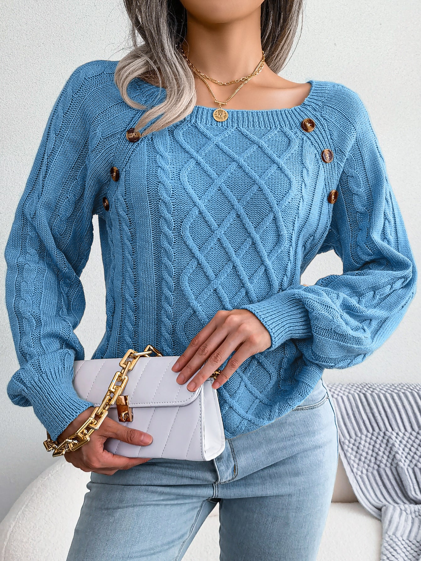 2025 Fall Winter Casual Square Neck Button Detail Cable Knit Sweater