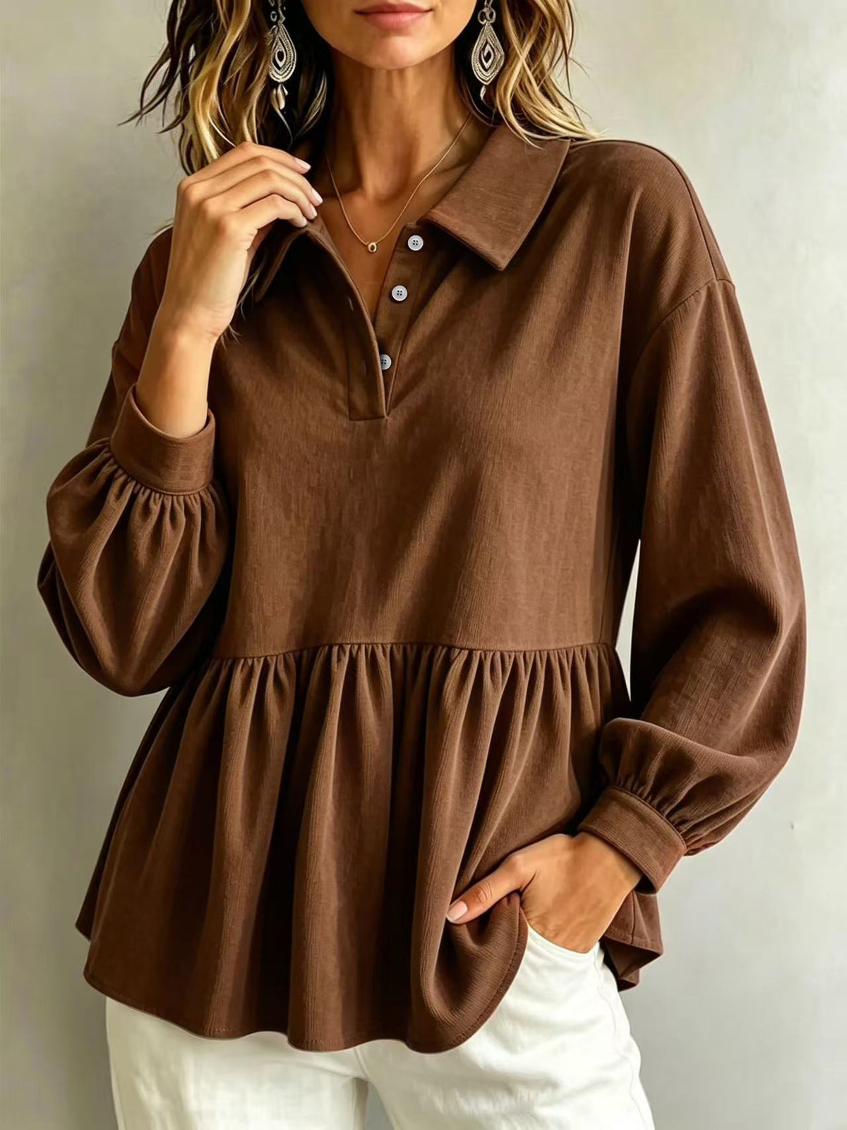 Plus Size Corduroy Polo Long Sleeve Babydoll Blouse
