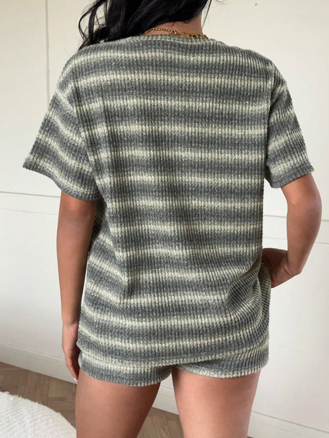 Striped Knit 2 Piece Lounge Set Women Short Sleeve Shorts
